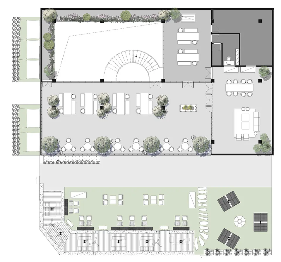 一張詳細的現代辦公空間2D建築圖,顯示工作站、會議區與戶外空間的配置