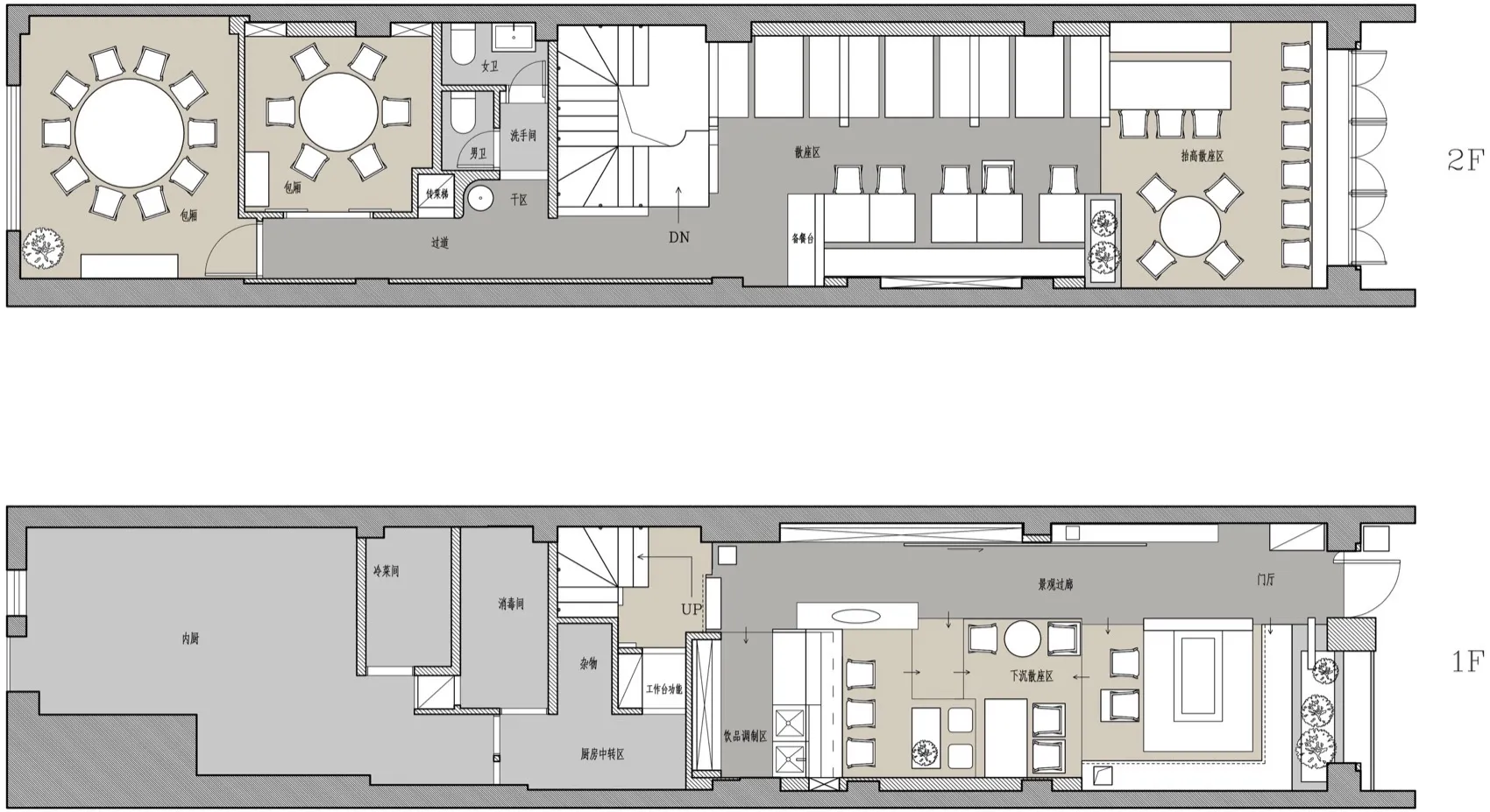 Floor plan of a restaurant depicting the layout of the 2nd and 3rd floors, including dining areas, tables, chairs, and other 