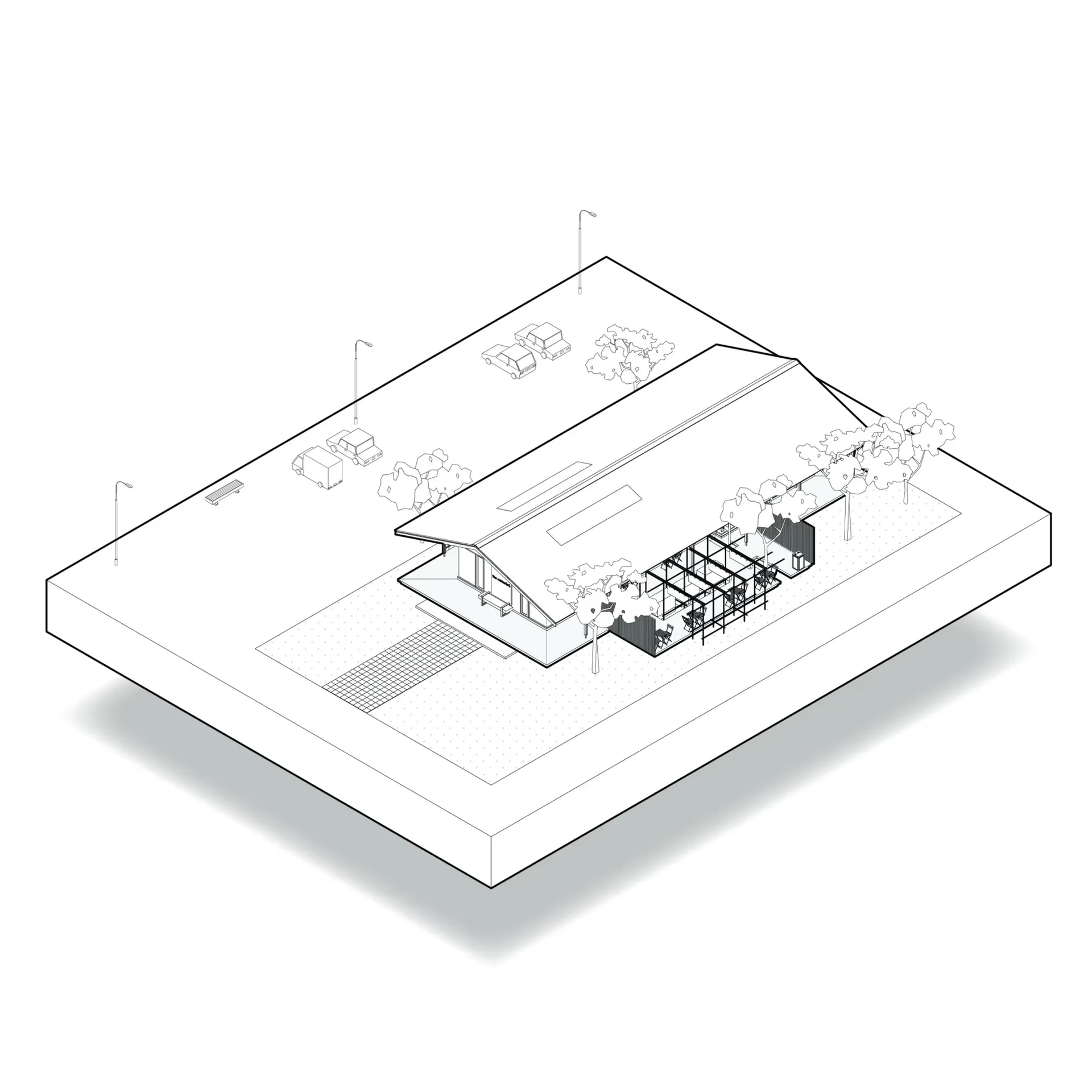 Isometric view of an industrial building exterior featuring glass and steel.
