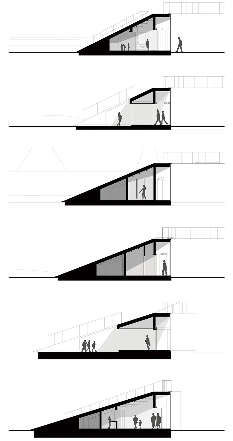 現代辦公室空間的建築圖面，展示玻璃牆與木質飾面。