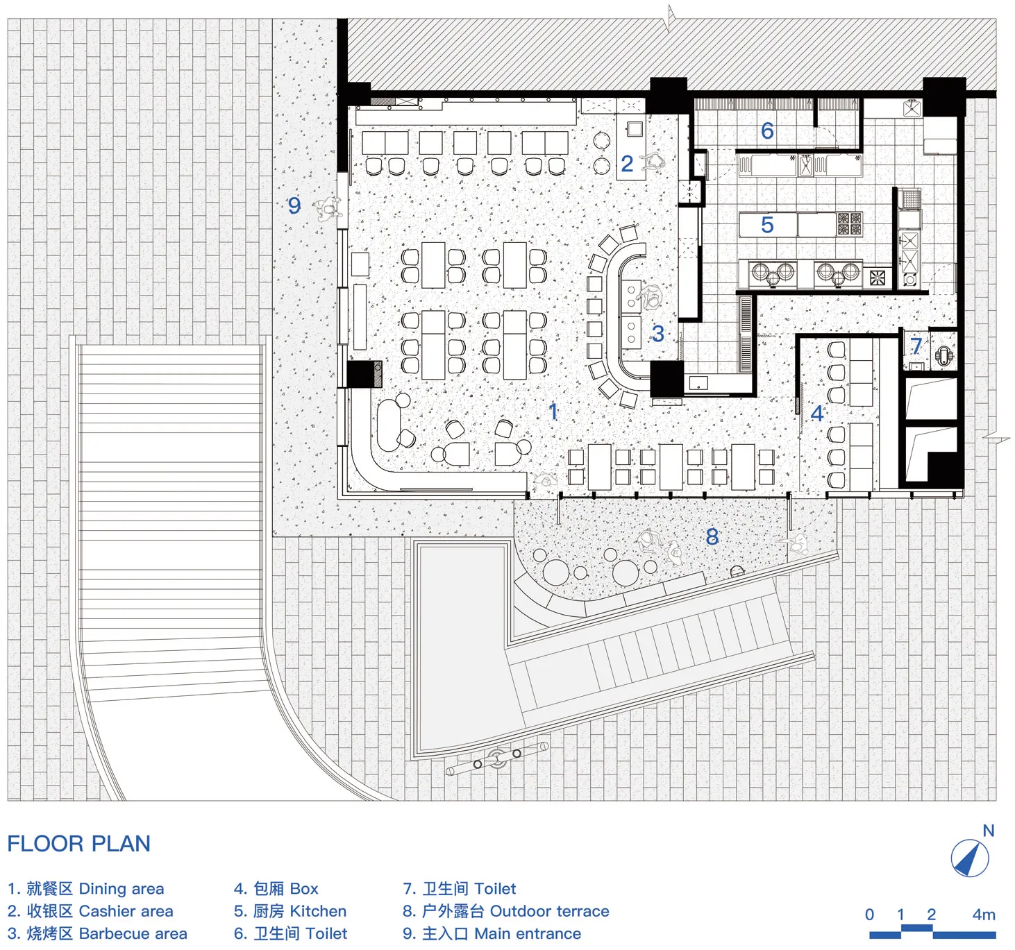 A detailed architectural blueprint of a restaurant interior on white paper with labeled areas indicating dining areas, cashie