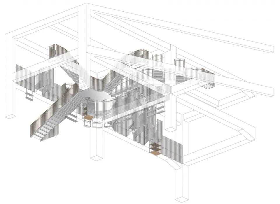 A detailed rendering of an industrial-style interior with metal railings and glass walls