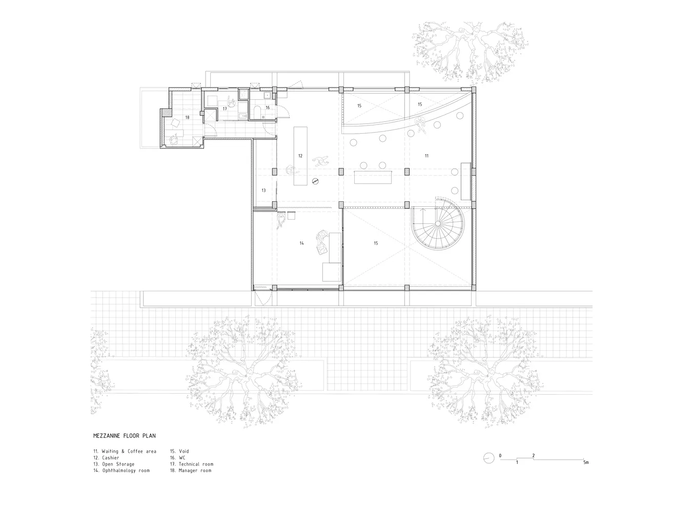A detailed black and white architectural drawing of a mezzanine floor plan featuring various functional areas and layouts for