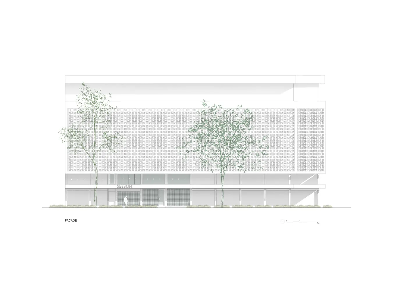 An architectural line drawing depicting a modern retail storefront with a metal-frame and glass-panel facade.