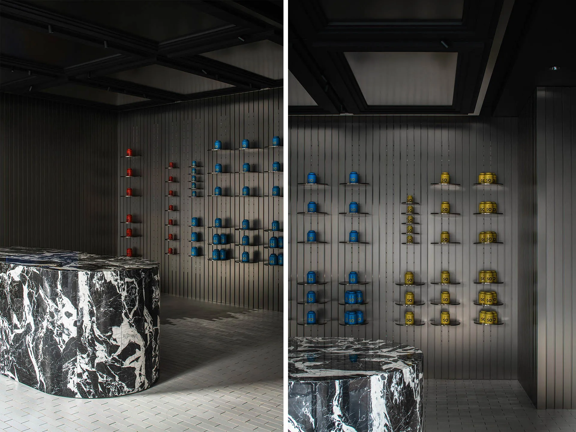 Modern retail store with marble shelves displaying colorful cans.