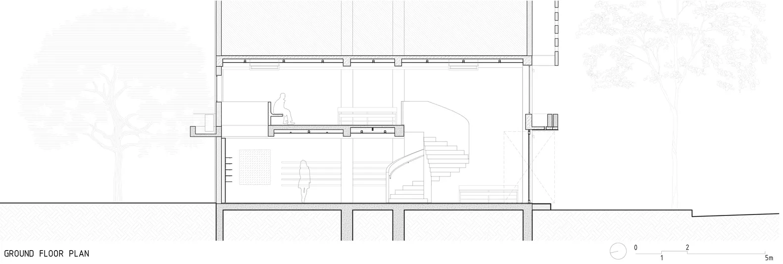 Ground floor architectural plan featuring modern design, concrete structure, and minimalistic layout.