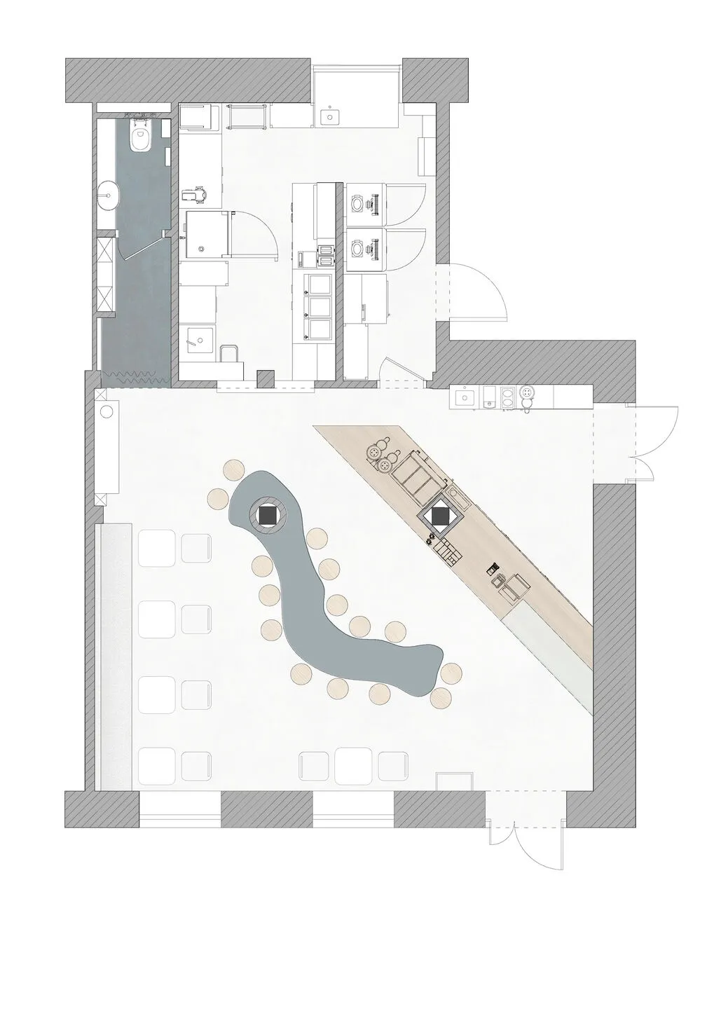 Floor plan of a modern residential apartment with kitchen, bathroom, and living area.