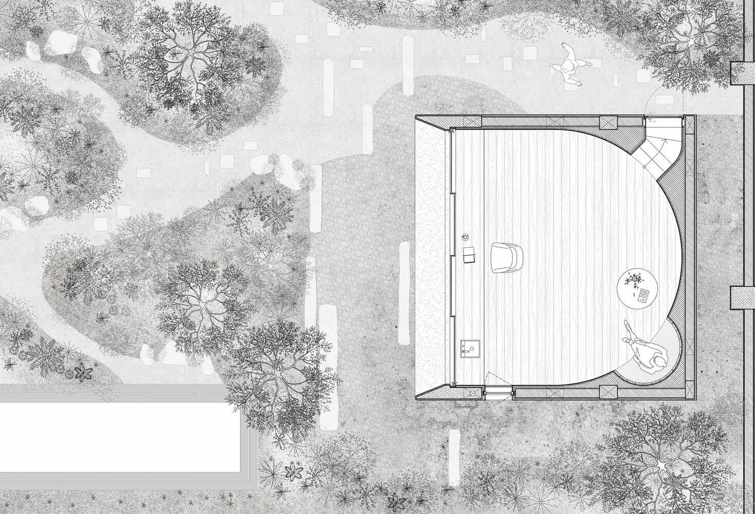 An overhead view of a nature-inspired architectural floor plan, featuring trees and a curved wooden area.