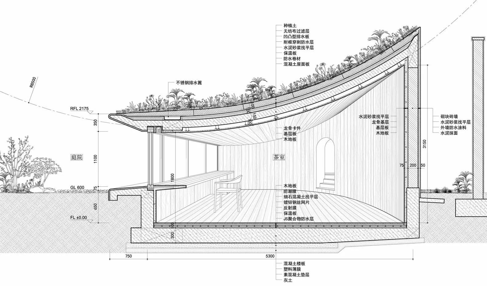 Cross-sectional architectural drawing of an outdoor wooden pavilion with a living roof.