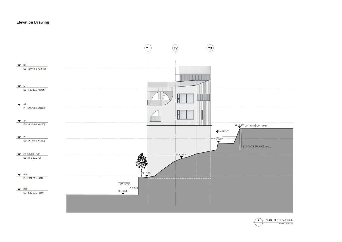 A detailed architectural drawing of a modern building's exterior, showcasing the use of wood and concrete materials on the gr