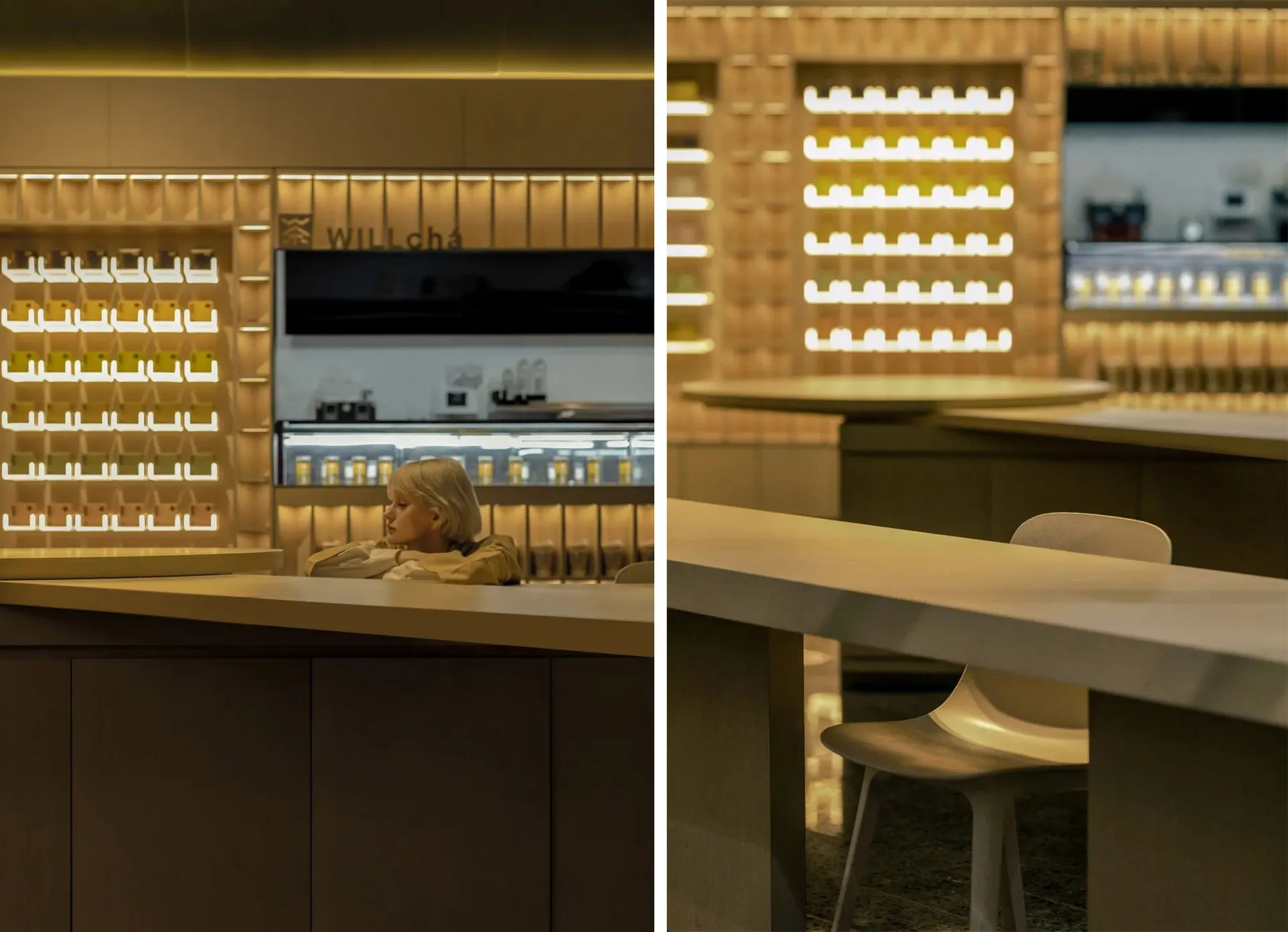 A modern restaurant interior featuring a bar counter with acrylic lighting.