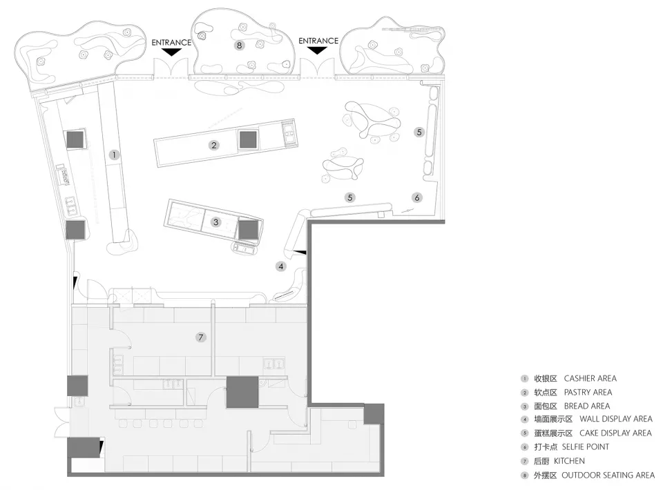 Detailed architectural drawing of a restaurant interior layout with multiple functional zones and seating arrangements.