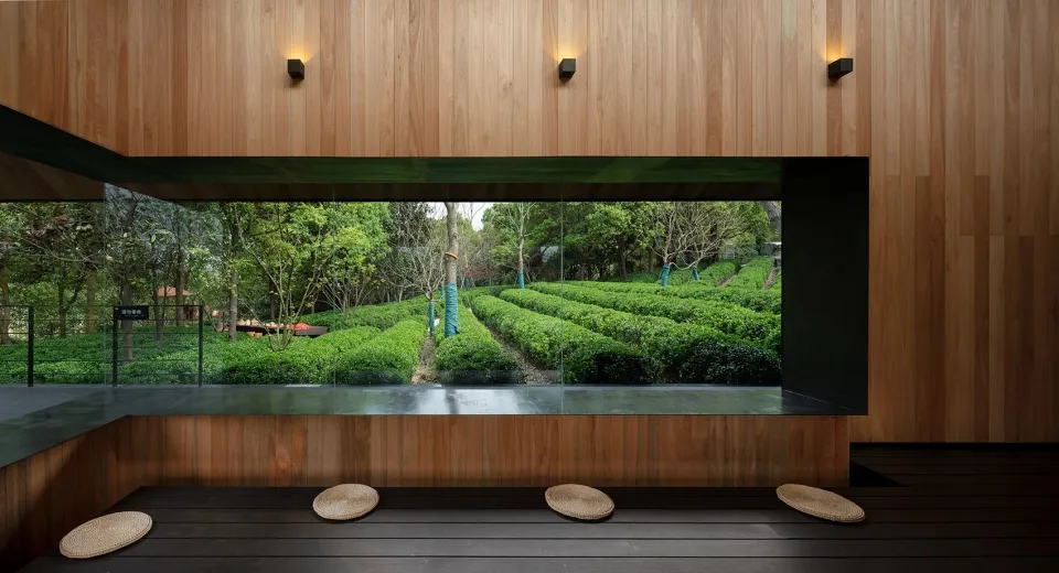 Tea shop with a wooden interior design, featuring a large window overlooking a tea plantation.