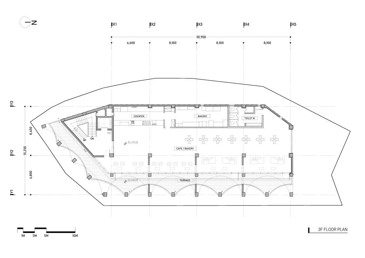 商業空間的 3D 建築平面圖，呈現混凝土與鋼材材質。