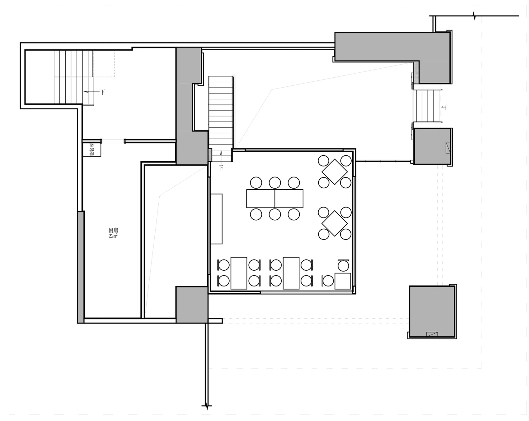 A modern apartment layout featuring open-plan living spaces, kitchen, bedrooms, and bathrooms.