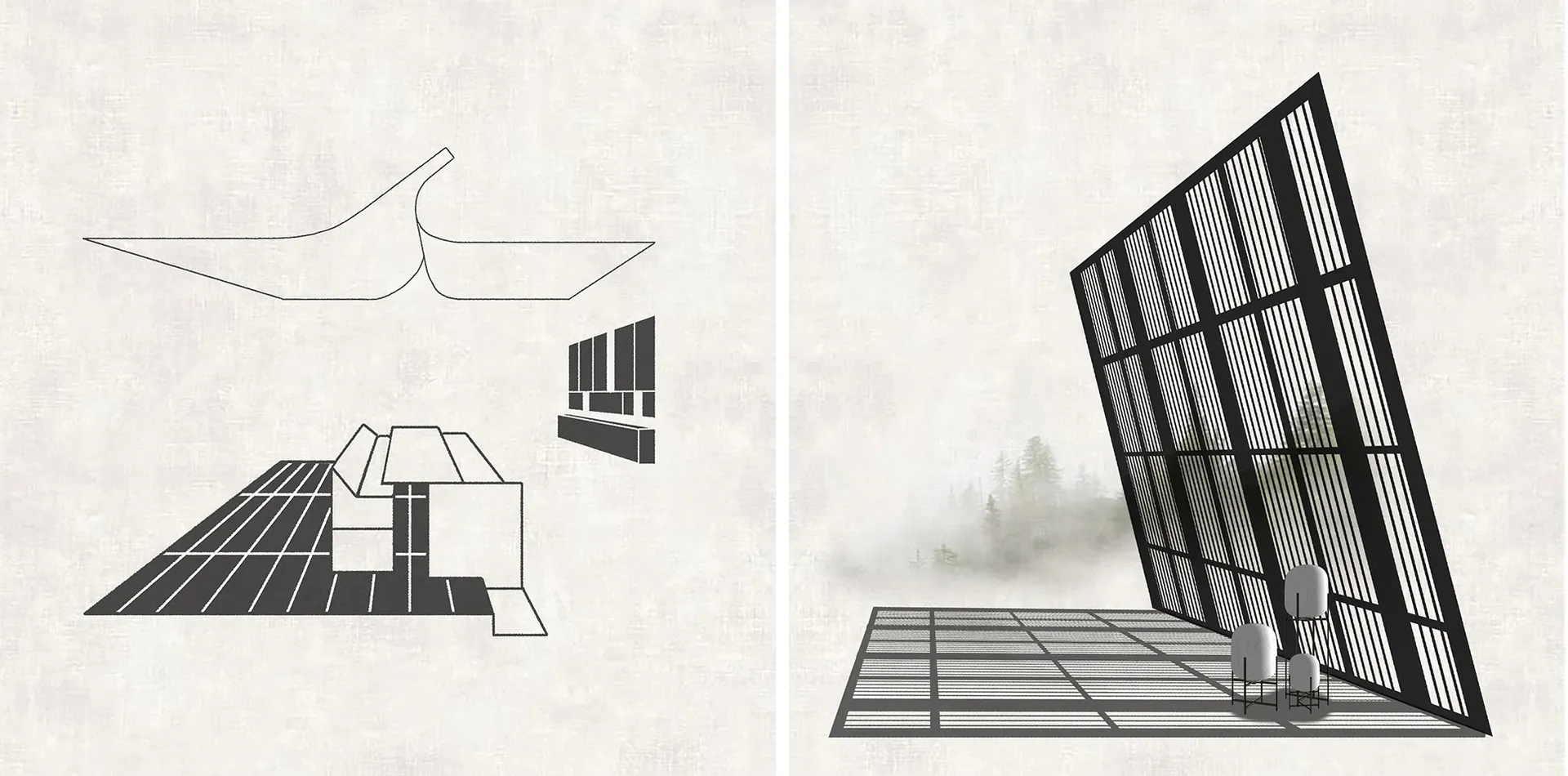 Modern interior design featuring a metal partition and floor plan.