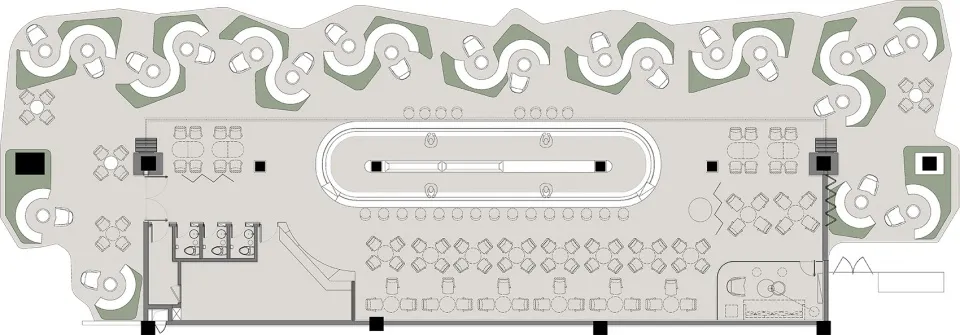 2D architectural drawing of a cafeteria with a white tiled floor, tables, and chairs arranged in a grid pattern around a cent