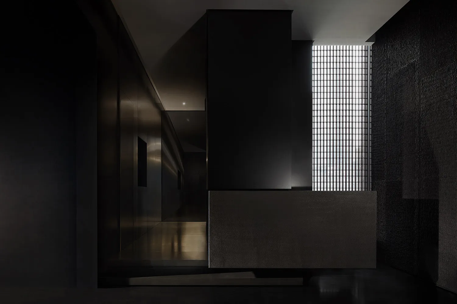Modern interior design featuring a cube-shaped concrete space with a grid window.
