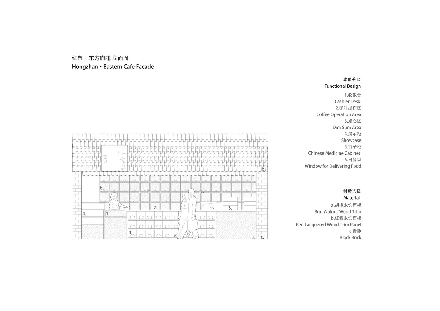 咖啡廳室內的平面配置圖,展現木質牆板與黑色磚牆