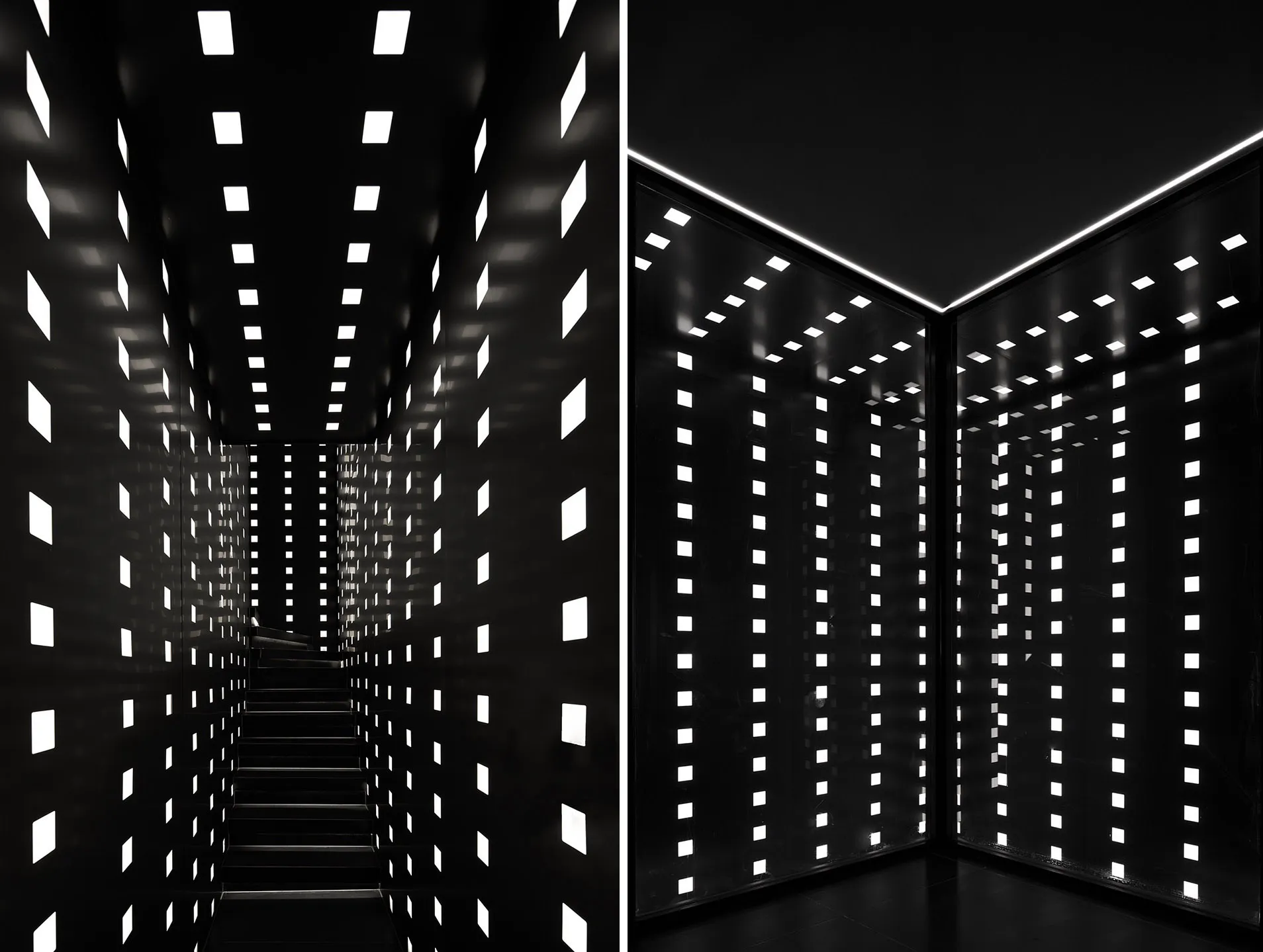 A minimalist interior design featuring glass panels with square cutouts.