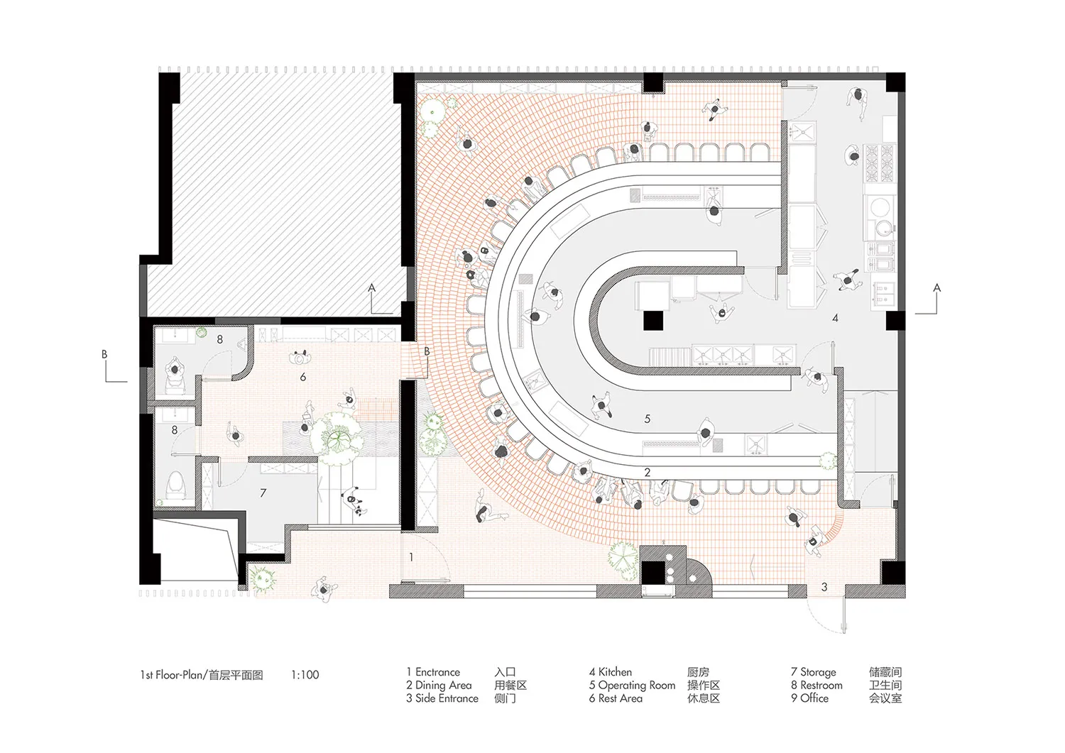 A detailed floor plan of a cafe interior design showing various functional zones, including dining, kitchen, operating room,