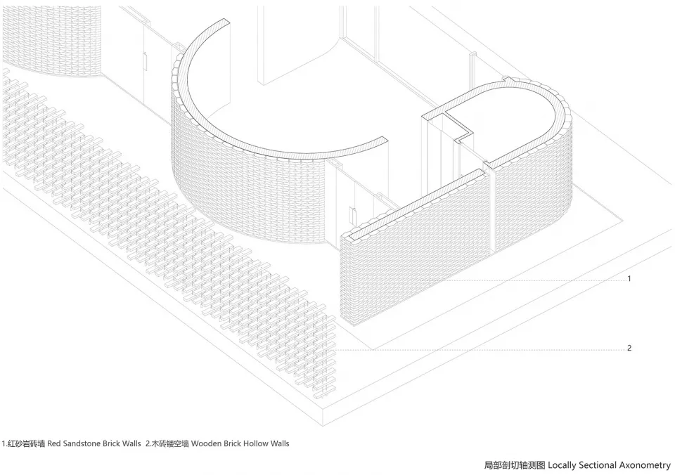 An architectural drawing of a curved brick wall interior space.