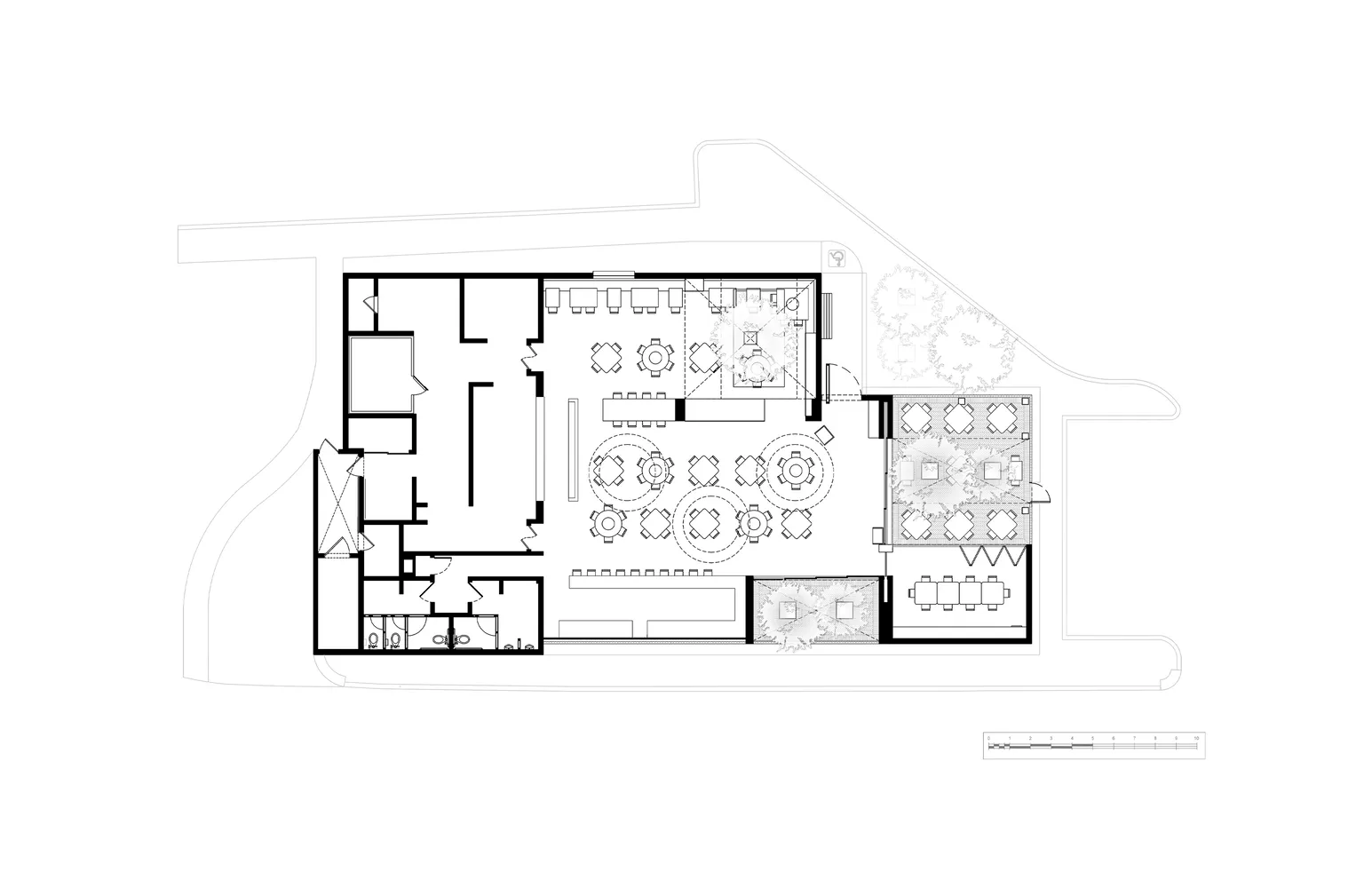 Black-and-white architectural drawing of a restaurant interior layout plan, showing tables, chairs, and functional zones.