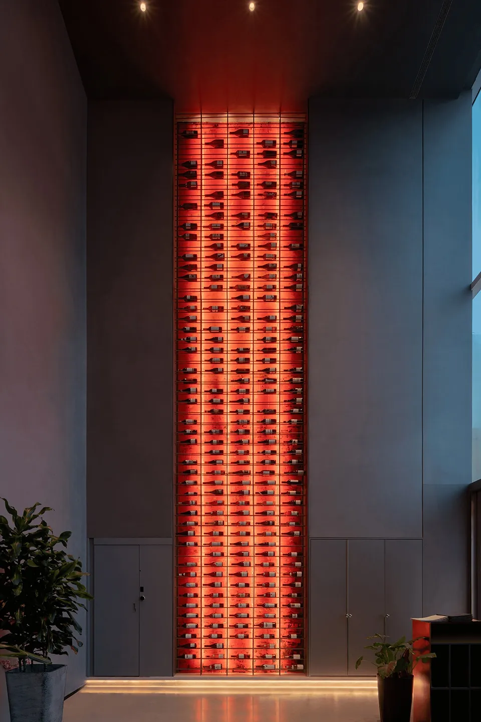 A sleek, modern wine display featuring illuminated steel bottles.