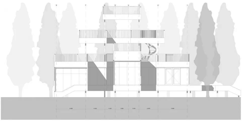 A modern house architectural rendering with concrete and wooden exteriors and multiple balconies.