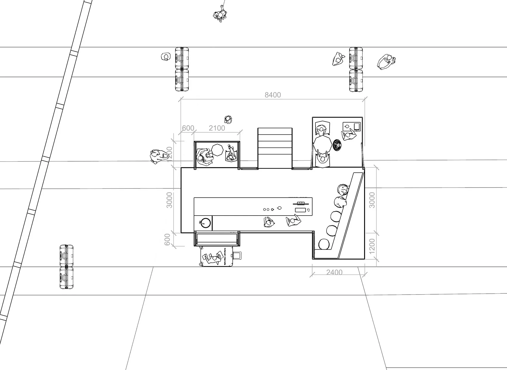 Industrial-style office layout with steel and concrete features.