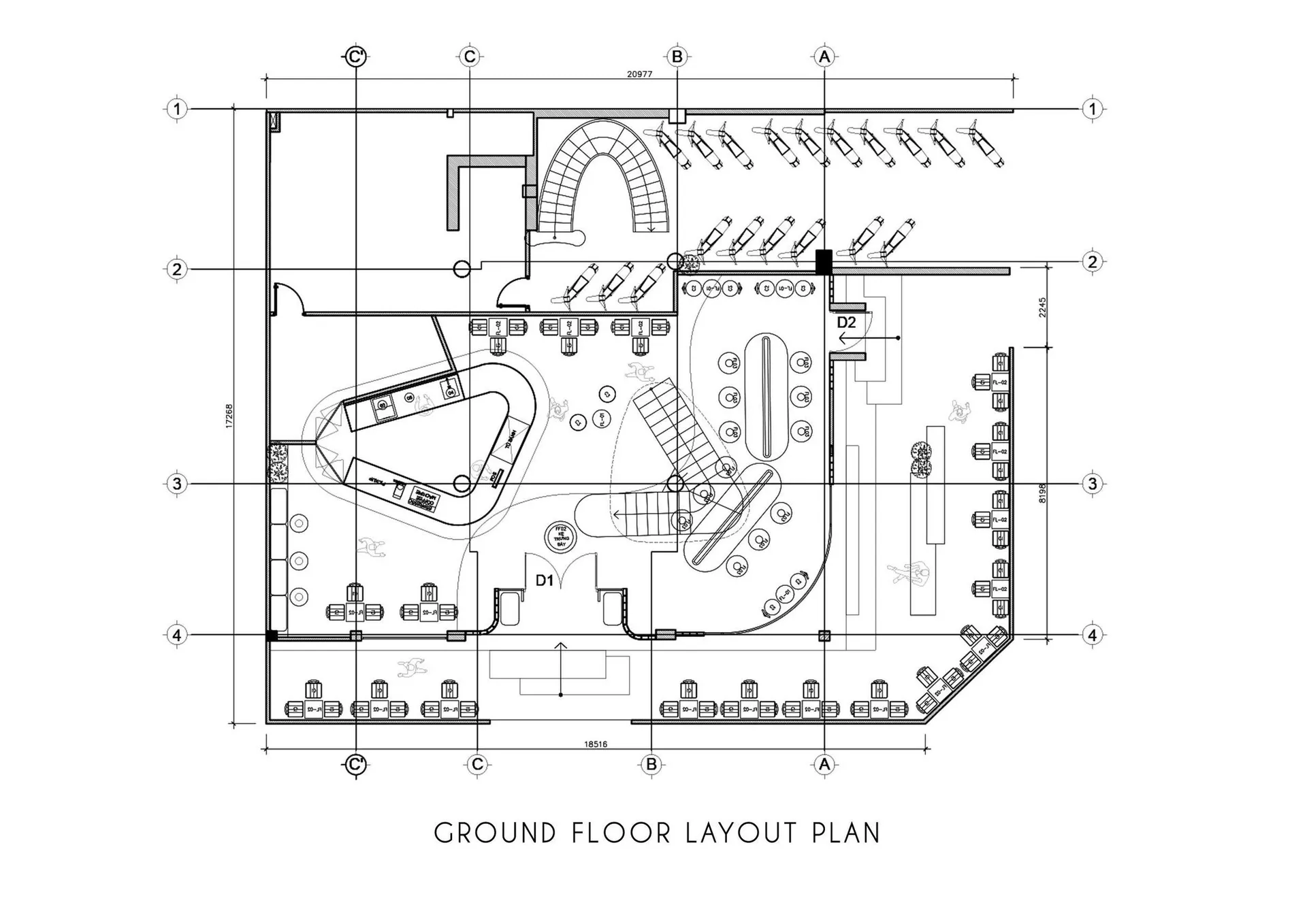 A technical 2D drawing of a ground floor layout plan showing architectural layout and functional zones.