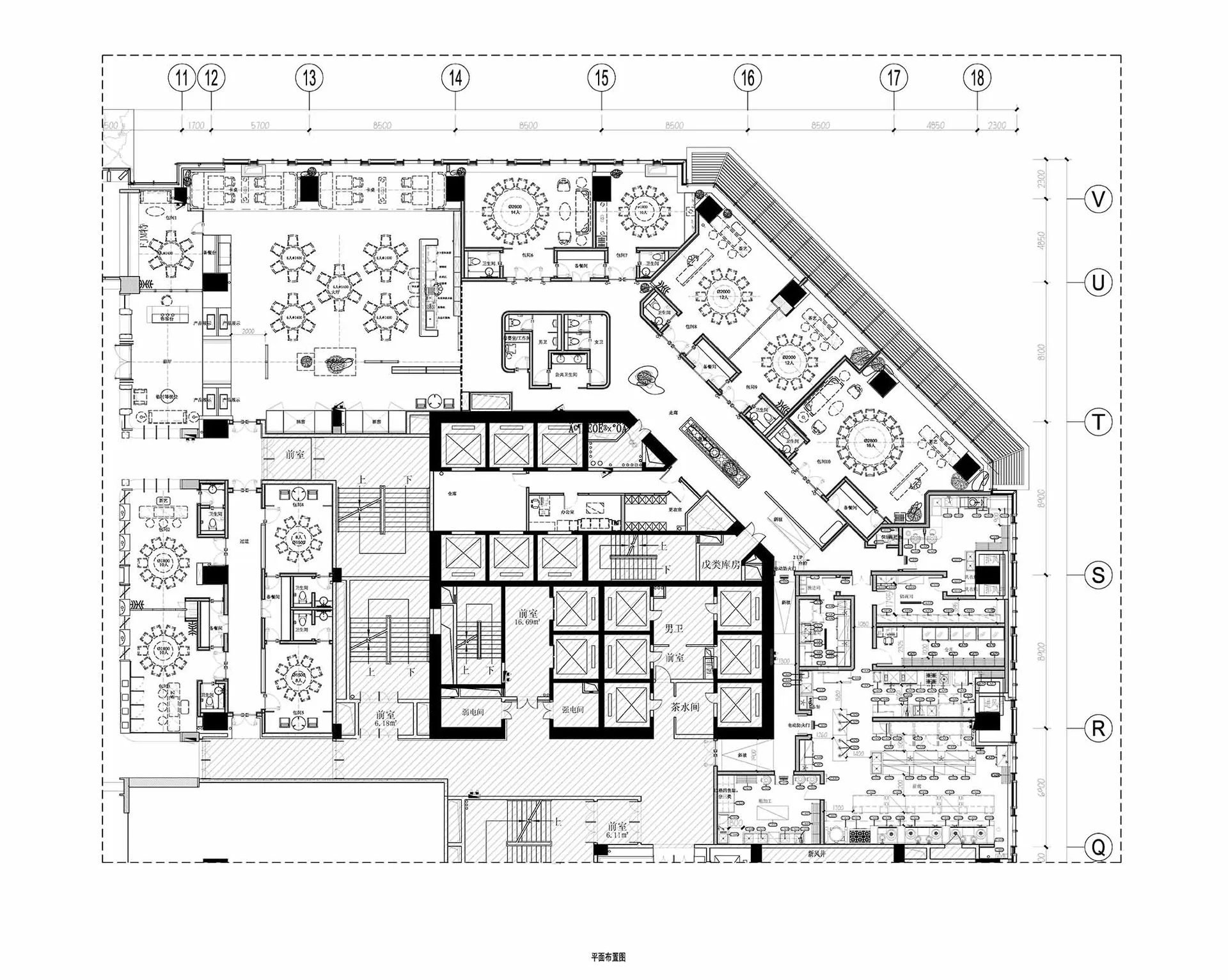 現代商業廚房的詳細2D建築圖，呈現鋼材、混凝土與瓷磚表面。