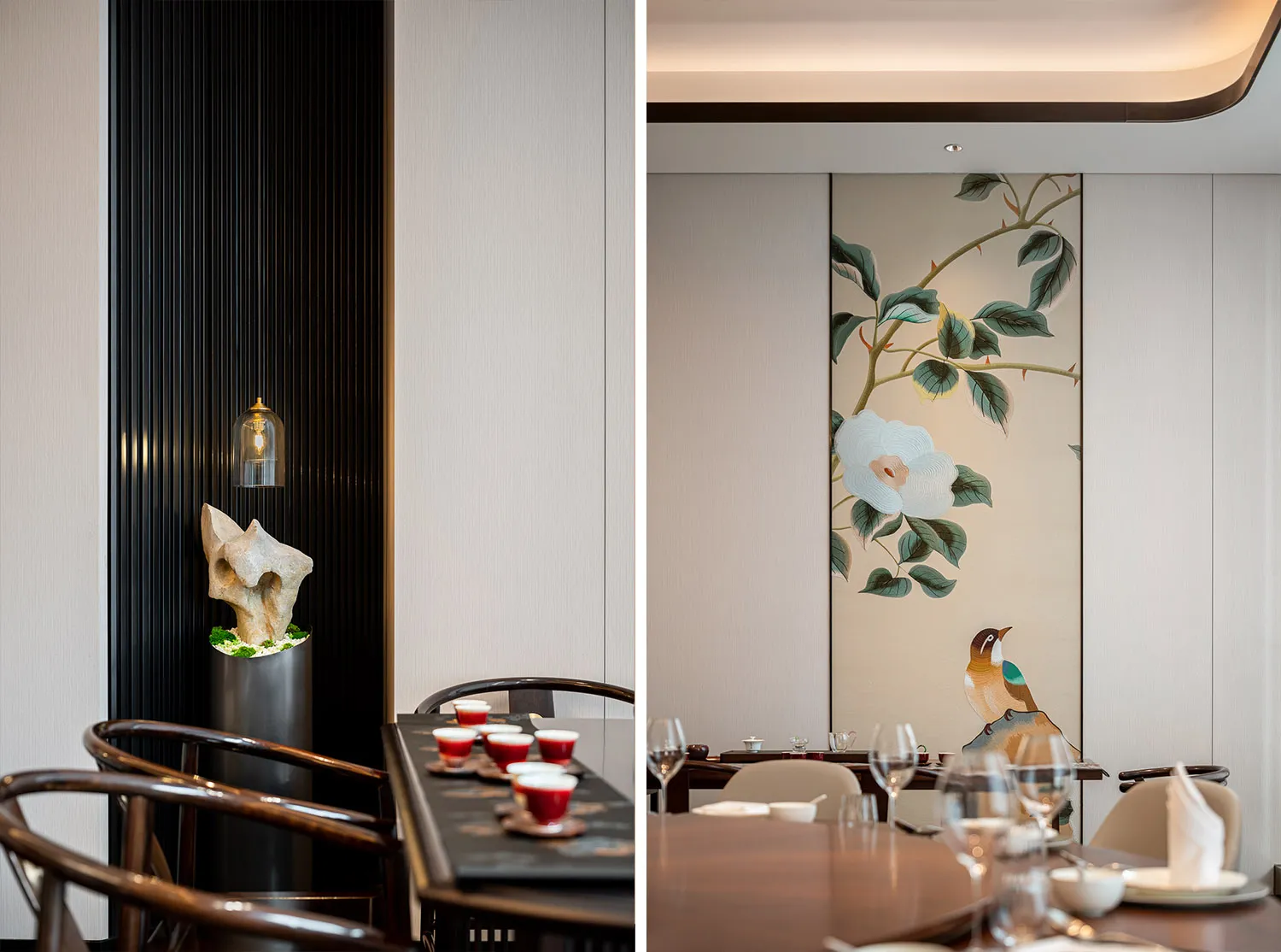 Modern restaurant interior featuring wooden tables, glass containers, and fabric furniture.