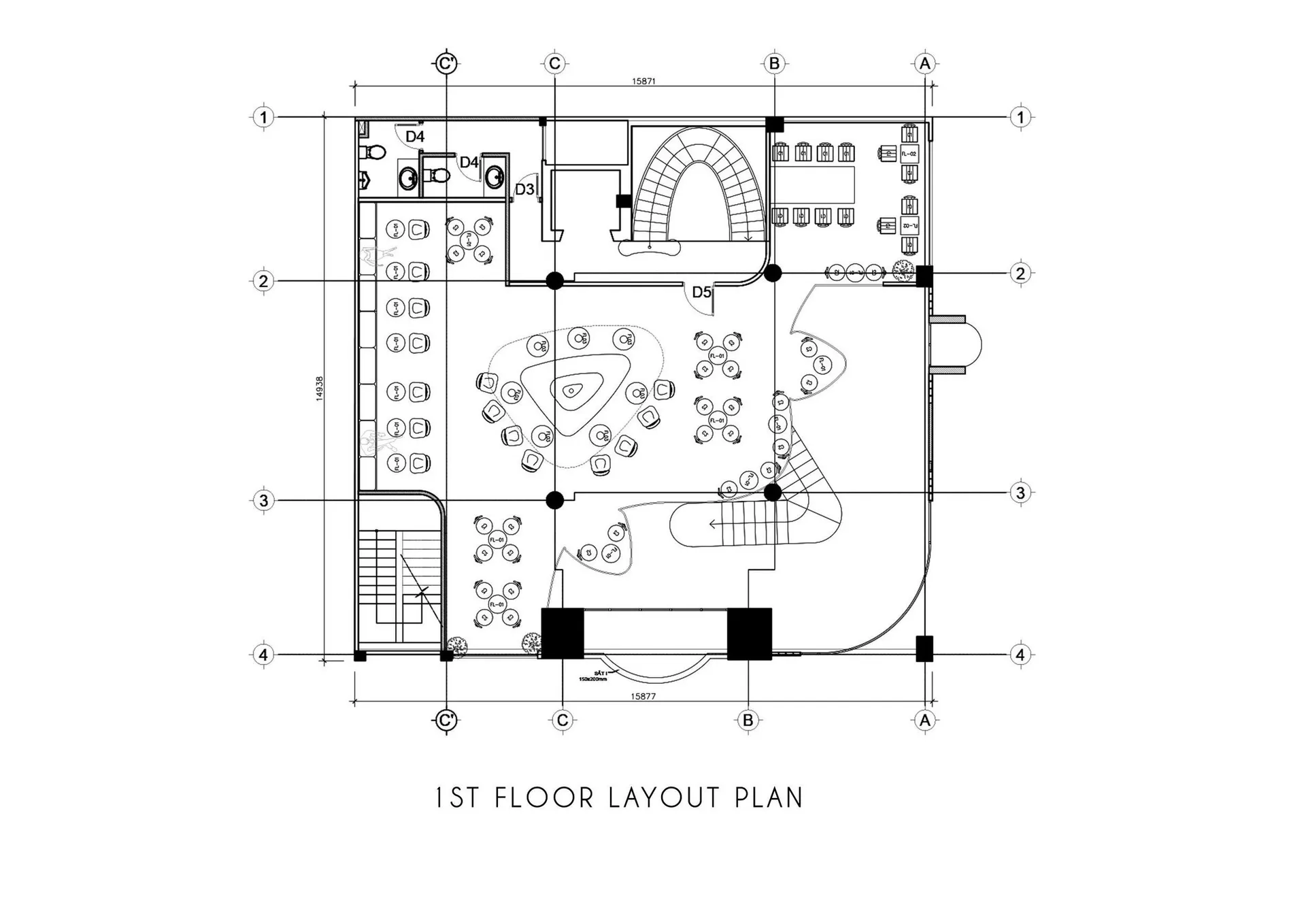 Blueprint layout of an office space showing individual desks and a central meeting area.