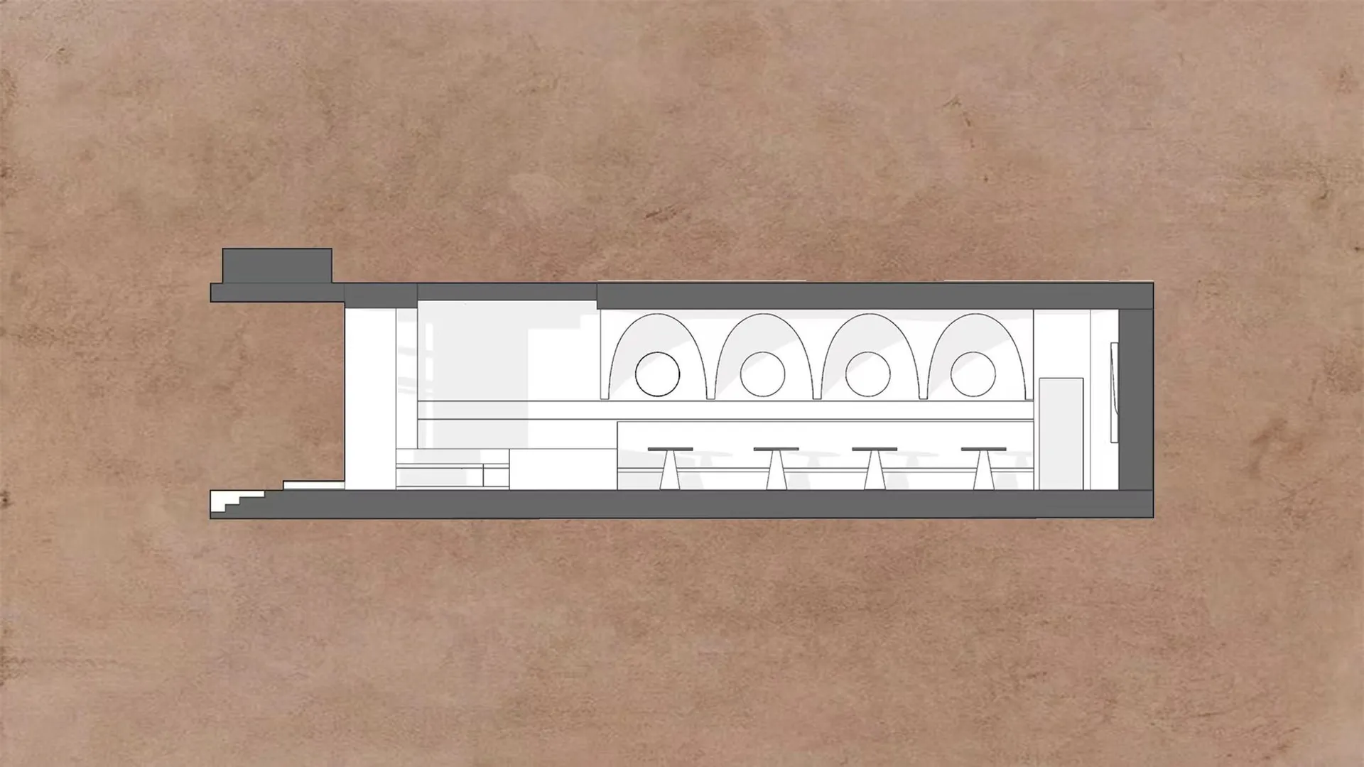 A detailed architectural sketch of a restaurant's interior design featuring archways and seating arrangements.