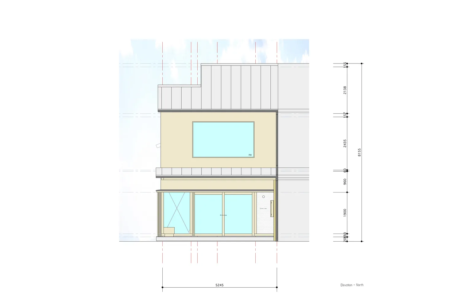 Elevation drawing of a modern residential building exterior with a large window and glass doors.