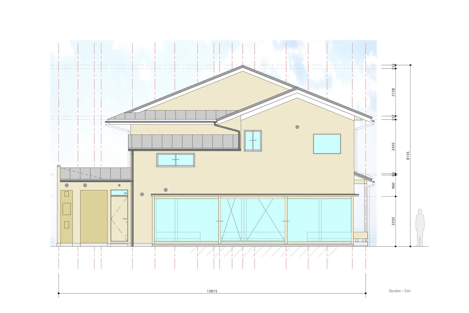 A residential building featuring a modern design with glass walls and beige siding.