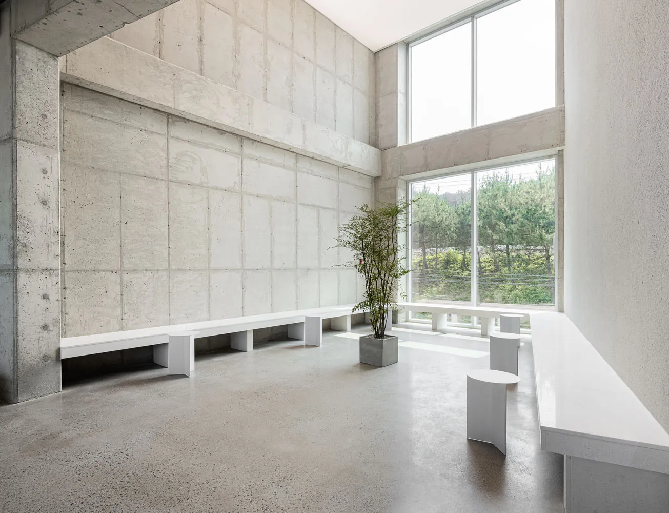 Modern interior design featuring concrete floors and walls, showcasing contemporary style.