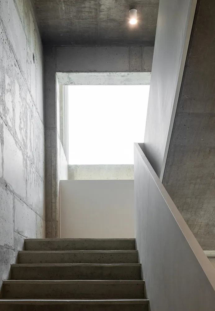 Concrete stairs leading up to a bright, open area.
