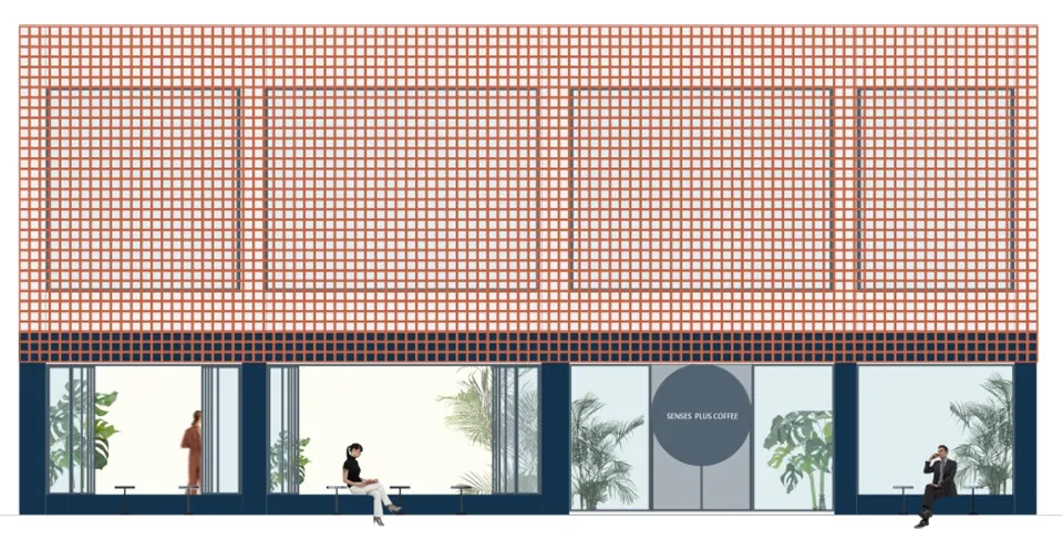 Modern exterior of a coffee shop featuring a metal grid design and large glass windows.