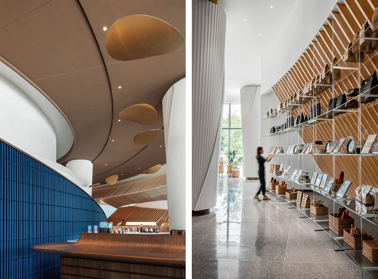 A modern retail space featuring a wooden interior design and a sleek counter.