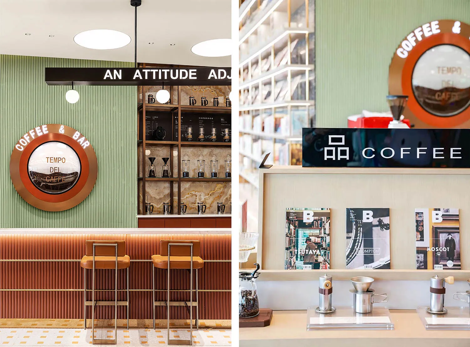 Interior of a modern coffee shop with a focus on a coffee bar with wooden stools, metal shelves, and glass display cases.