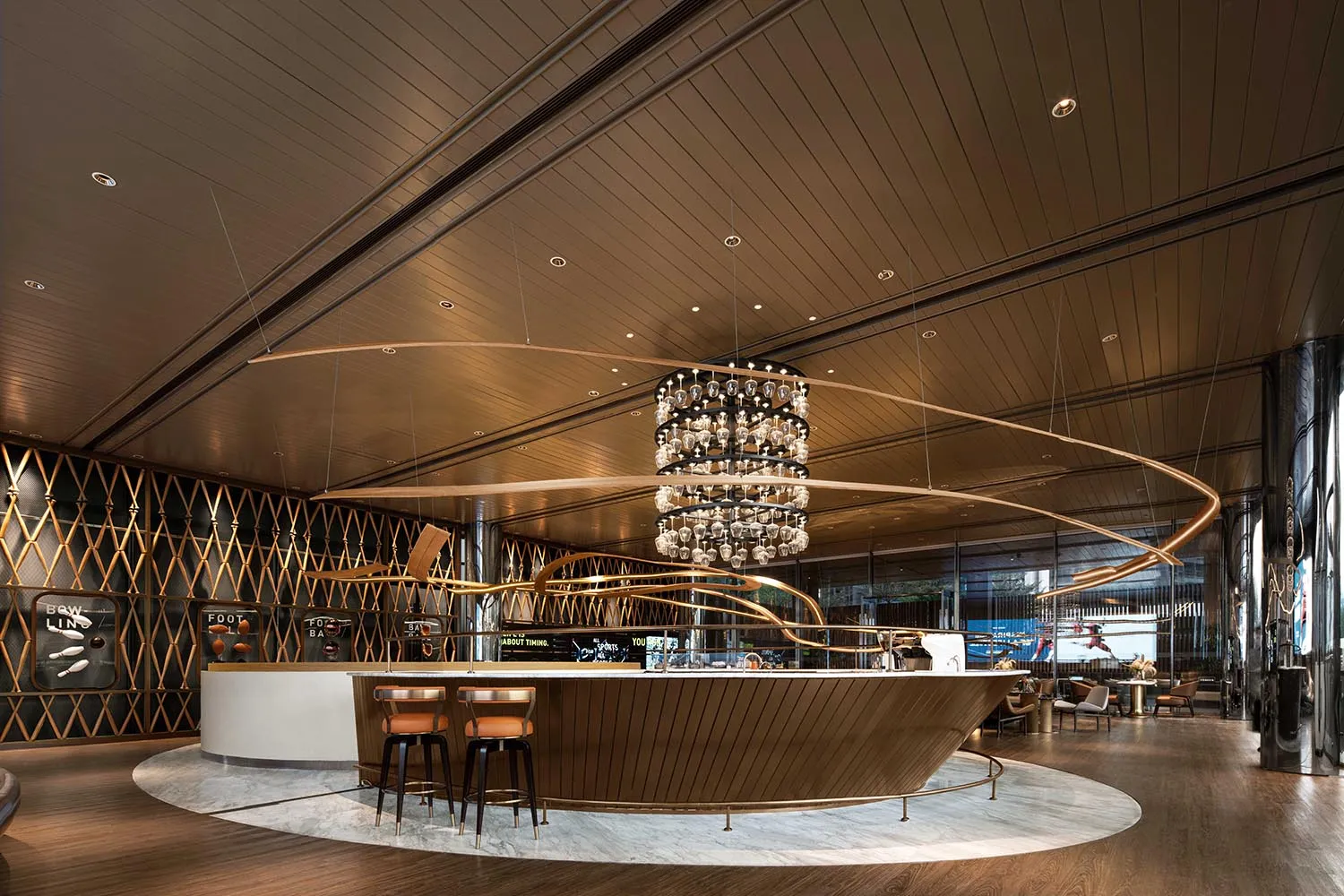 Modern bar with marble countertop and metal accents