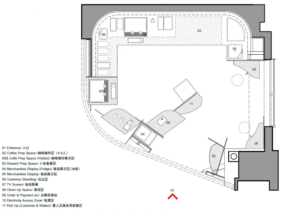 咖啡廳的2D建築平面圖，採用極簡工業風設計，搭配金屬飾面與開放式格局。