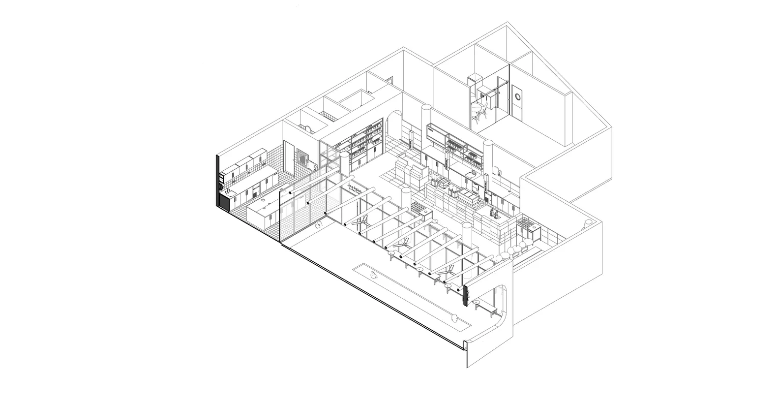 An industrial-style commercial kitchen floor plan featuring steel countertops, concrete flooring, and glass and steel partiti