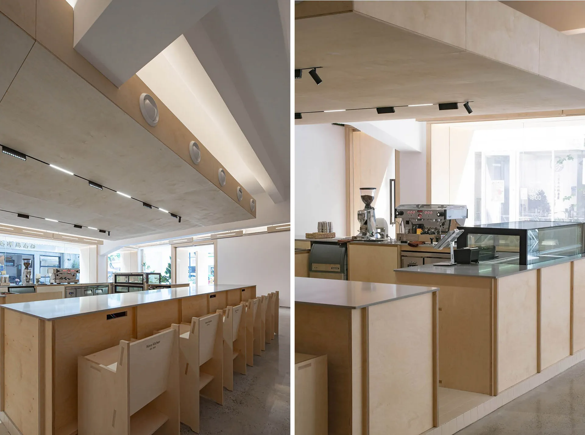 Minimalist coffee shop interior designed with wooden finishes, featuring clean lines and natural light.