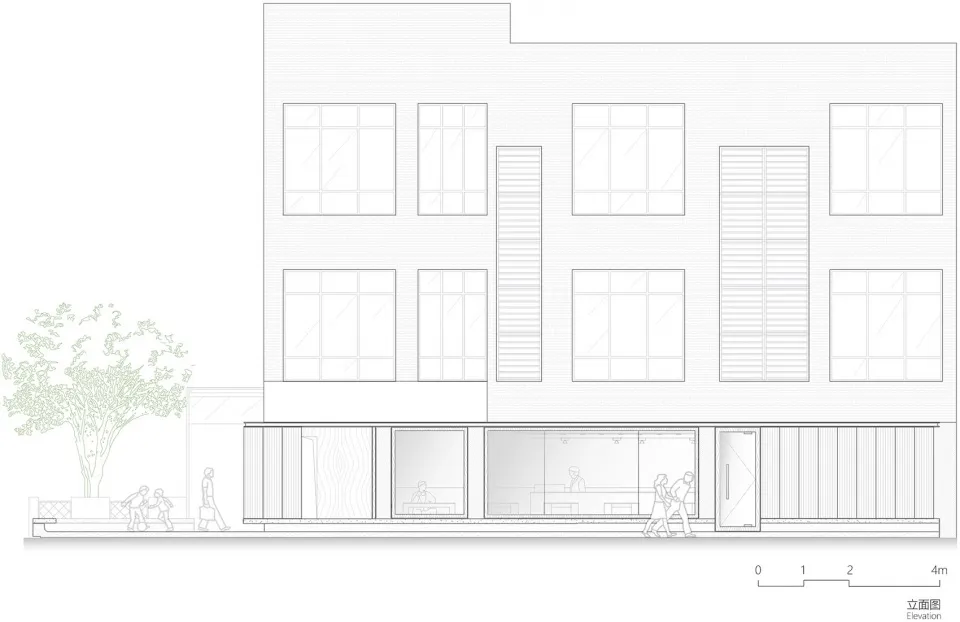 Black and white architectural elevation diagram showing a modern building with metal and glass material.
