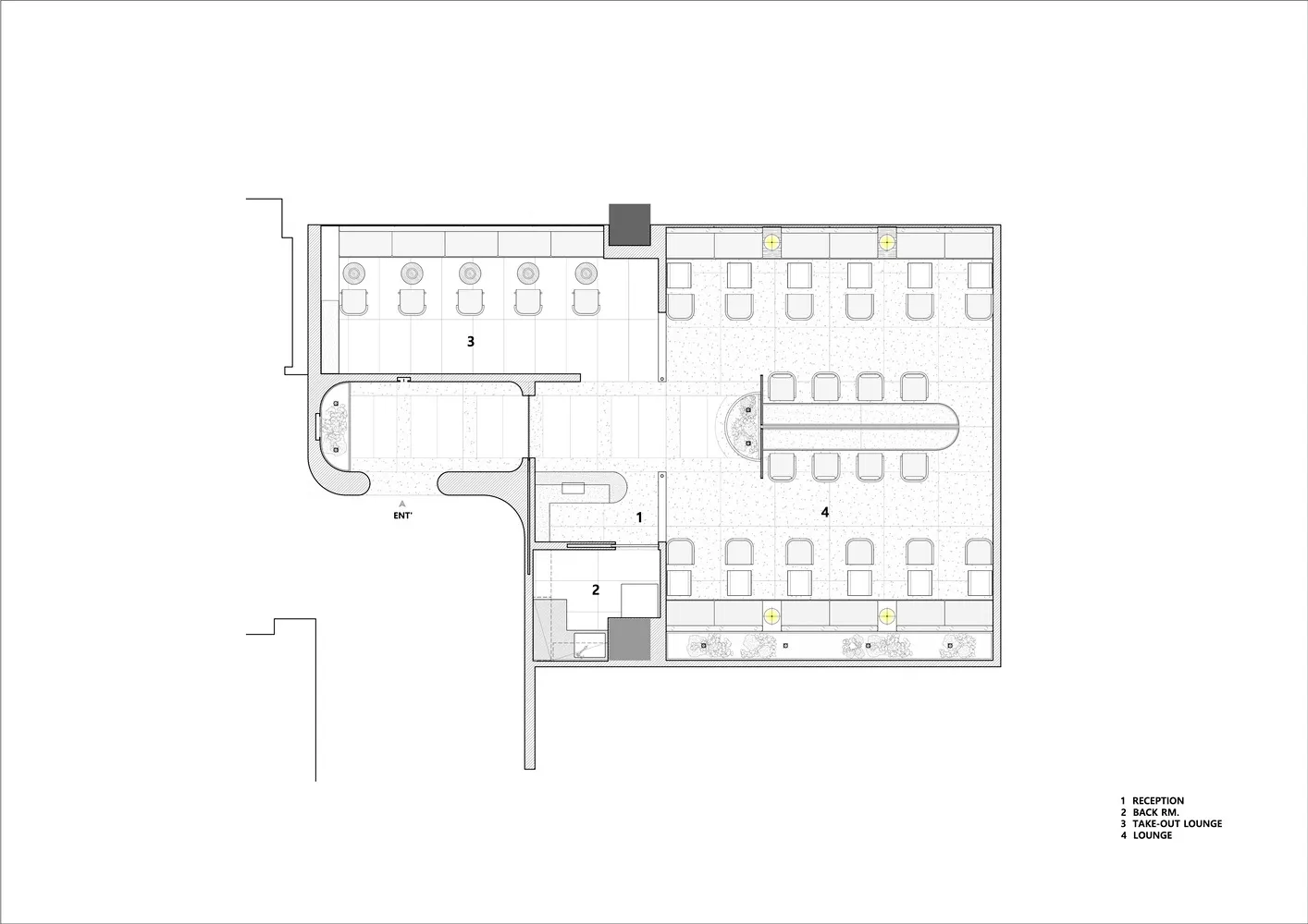 餐廳配置圖,包含休憩座區、外帶休憩區、後場空間與接待區域。