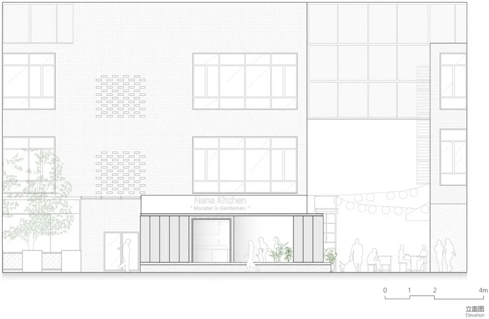A modern storefront with large windows and brick facade.