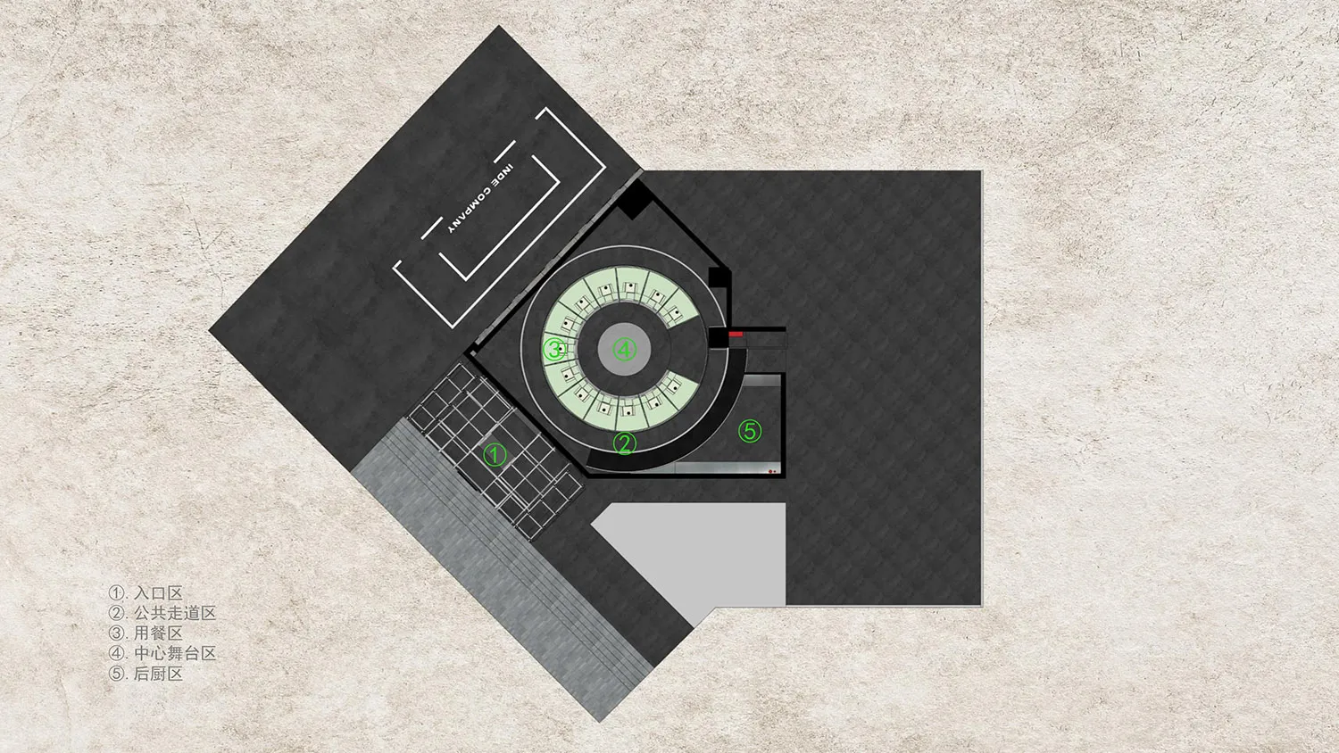 Top-down view of an industrial-style loft with concrete flooring and structural elements.